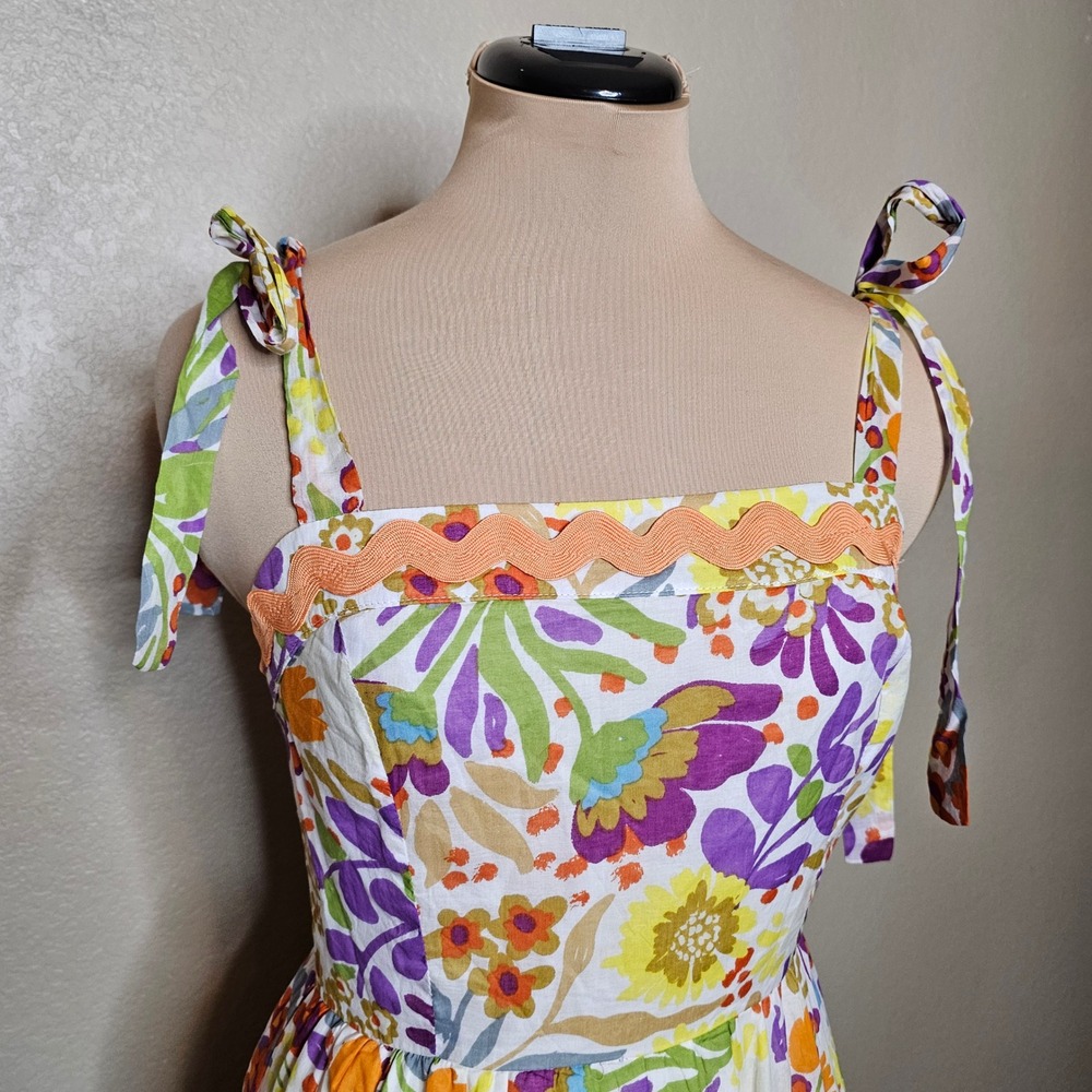 Fate Floral Tie Shoulder Ric Rac Trim Tiered Cotton Maxi Dress Small Multi Color - Picture 3 of 10